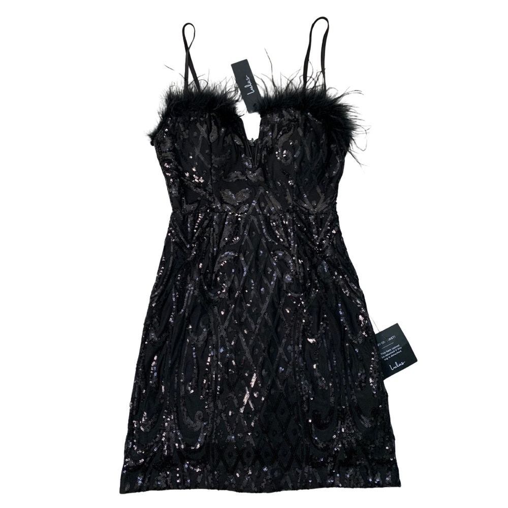 Lulu's Sequin Embellished Dress Feather Trim Women's XS Bodycon Maximalist